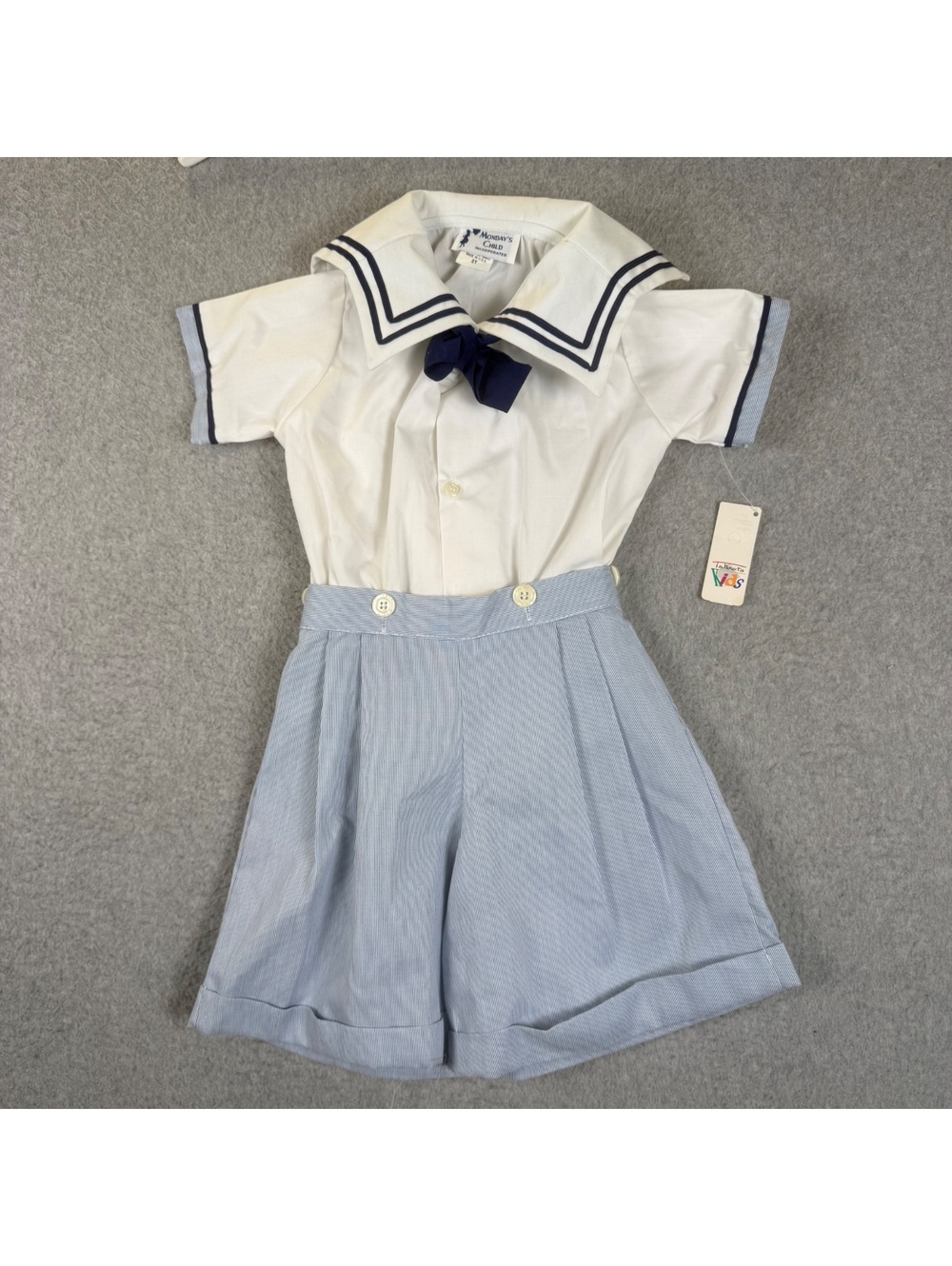 Vintage Monday's Child Sailor Outfit Set 3T White Navy Nautical Shirt Shorts